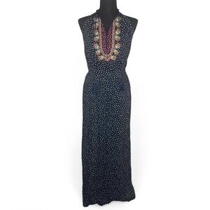 Anthropologie THML Navy PolkaDot Embroidered Sleeveless Boho/Cottage Maxi Dress